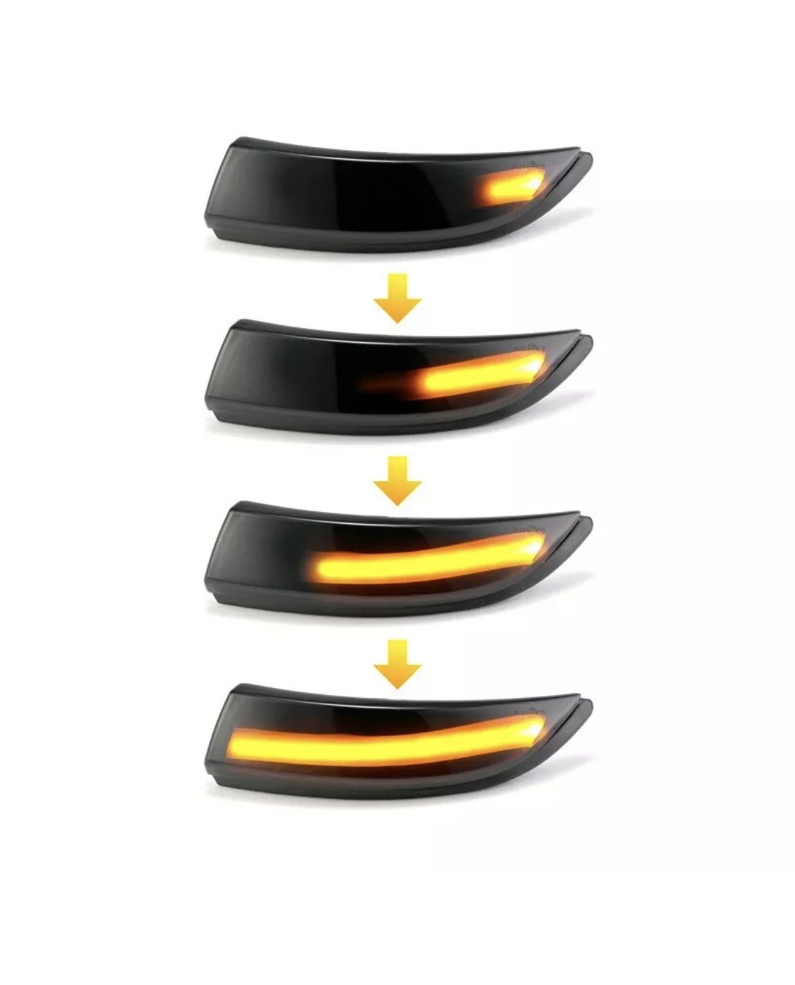 Sequential images of a car turn signal light gradually increasing in illumination from dim to bright, within a streamlined black housing, depicted against a plain white background. Yellow arrows indicate progression.