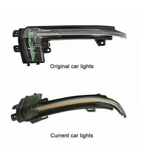 Two car light assemblies are displayed side by side. The top is labeled "Original car lights," featuring a simpler design. The bottom, labeled "Current car lights," shows a modern, sleek design with an LED strip.