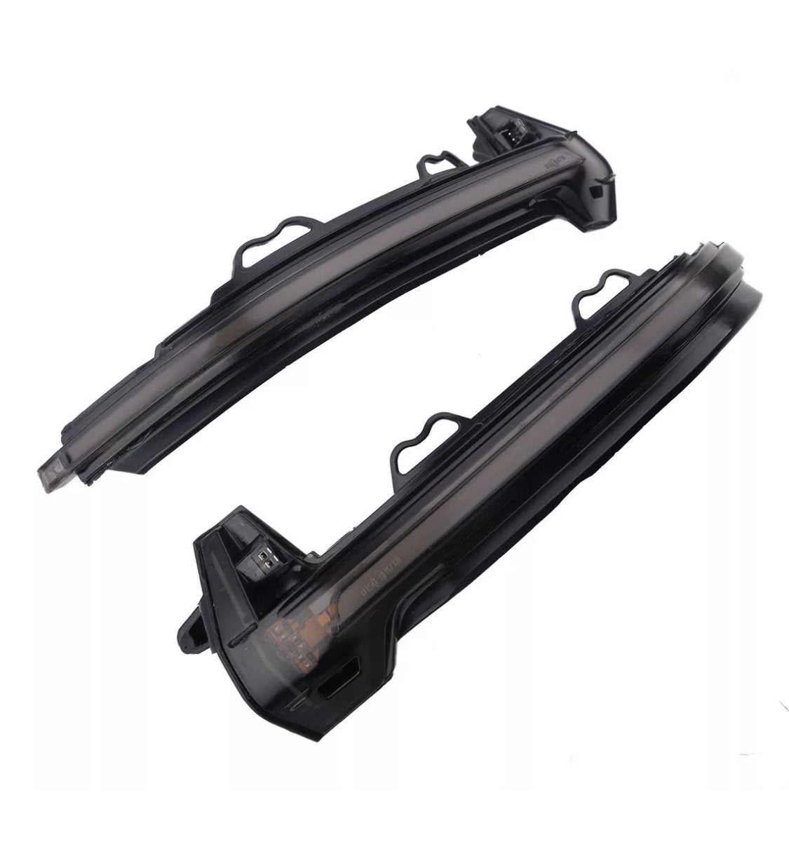 Two curved black plastic car mirror covers with integrated LED turn signals lie against a plain white background, showcasing openings and connectors for installation.