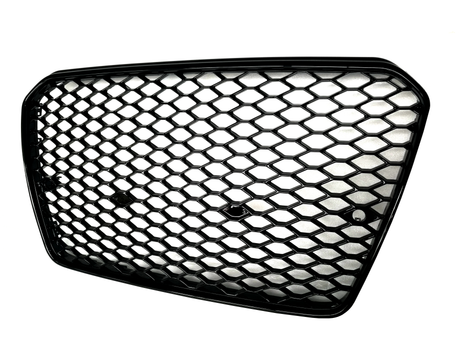 A black, hexagonal-patterned car grille with a shiny finish is displayed against a plain white background. The grille features a smooth, sleek design with no additional text or markings.
