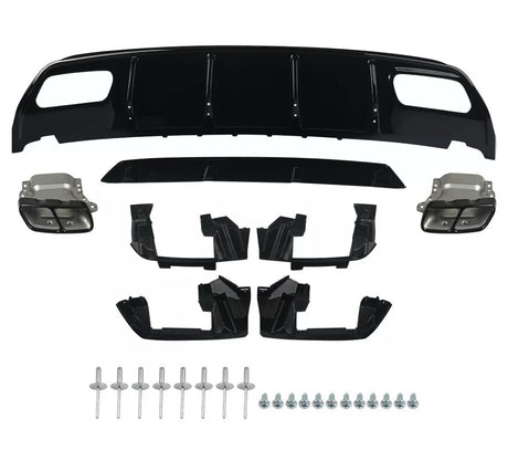 Car diffuser kit laid out; includes black diffuser panel, two metallic exhaust tips, multiple black mounting brackets, and a set of screws and rivets. Placed against a white background.