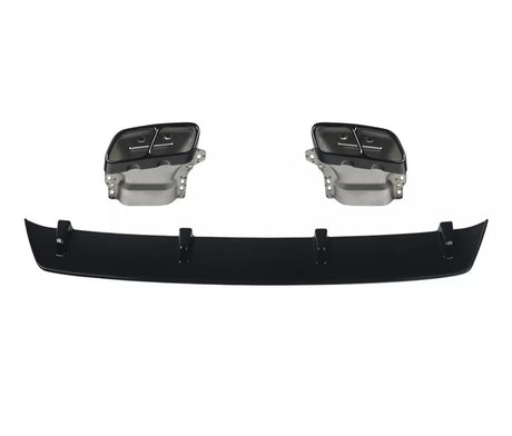 Two rectangular exhaust tips are positioned above a black rear diffuser with vertical fins, isolated against a plain white background.