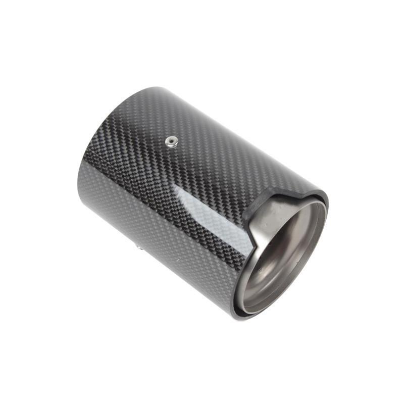 A cylindrical carbon fiber exhaust tip with a metallic interior, featuring a small screw on its surface, lies isolated against a plain white background.