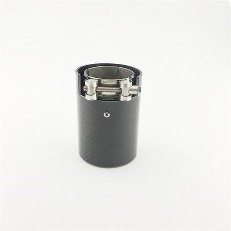 A cylindrical carbon-fiber exhaust tip featuring a metallic clamp, resting upright on a plain white background.