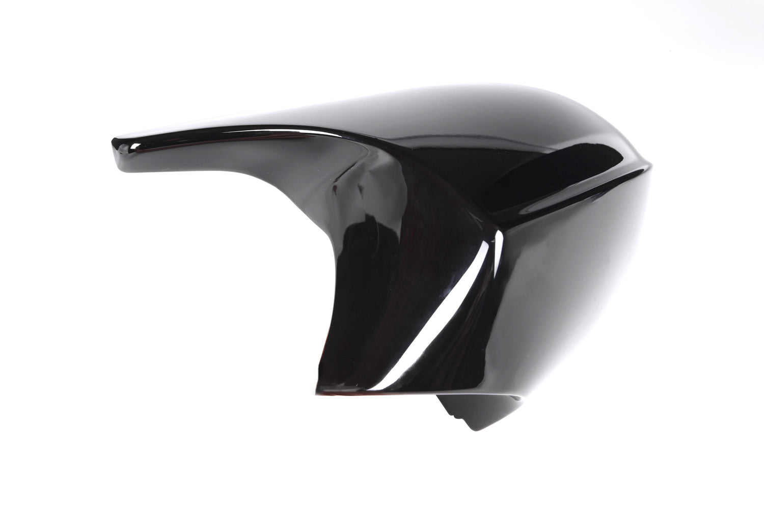 A sleek, black, glossy car mirror cover lies against a white background, showcasing its aerodynamic shape and smooth surface.