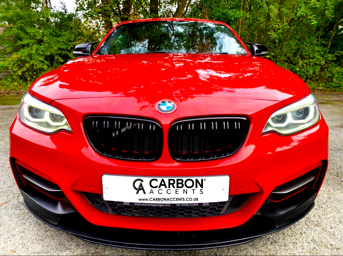 A red BMW car is parked on a concrete surface, front view, with trees in the background. The license plate reads, "CARBON ACCENTS www.CARBONACCENTS.co.uk."