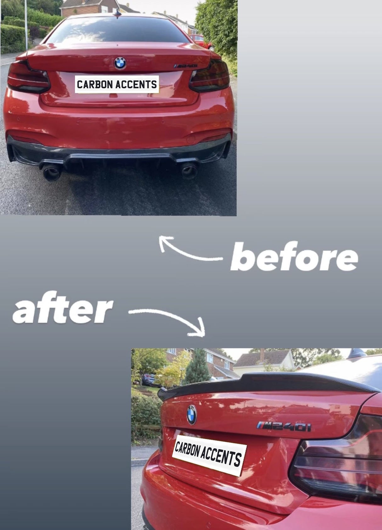 Car with modified carbon fiber spoiler and rear diffuser shown in "before" and "after" format. Text reads: "CARBON ACCENTS," "before," "after." Parked on a residential street.
