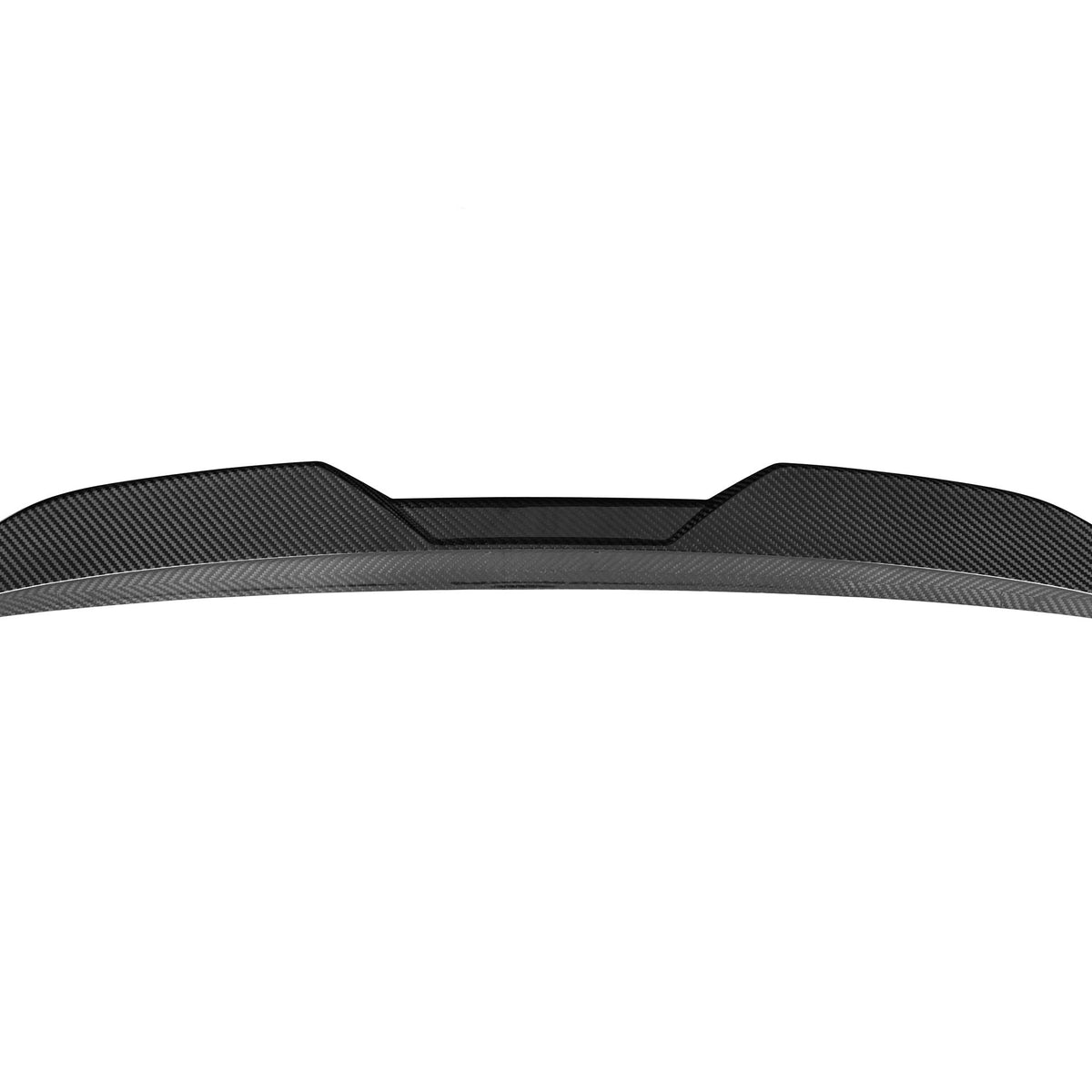 A sleek carbon fiber car spoiler sits against a white background, with a curved and aerodynamic design, featuring angular edges and textured surface details.