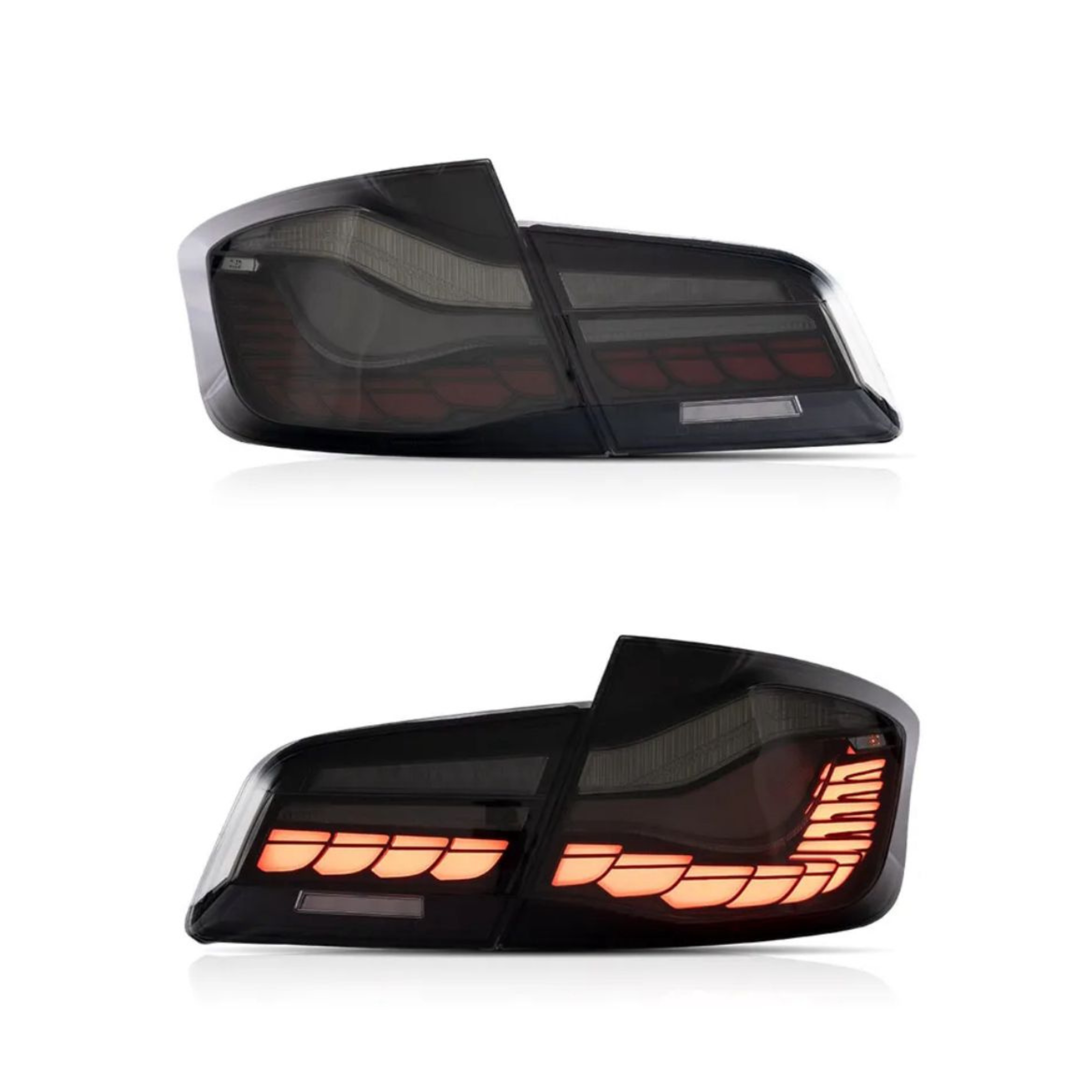 Two car taillights are shown. The top taillight is unlit, while the bottom taillight is illuminated with a segmented amber light pattern, on a plain white background.