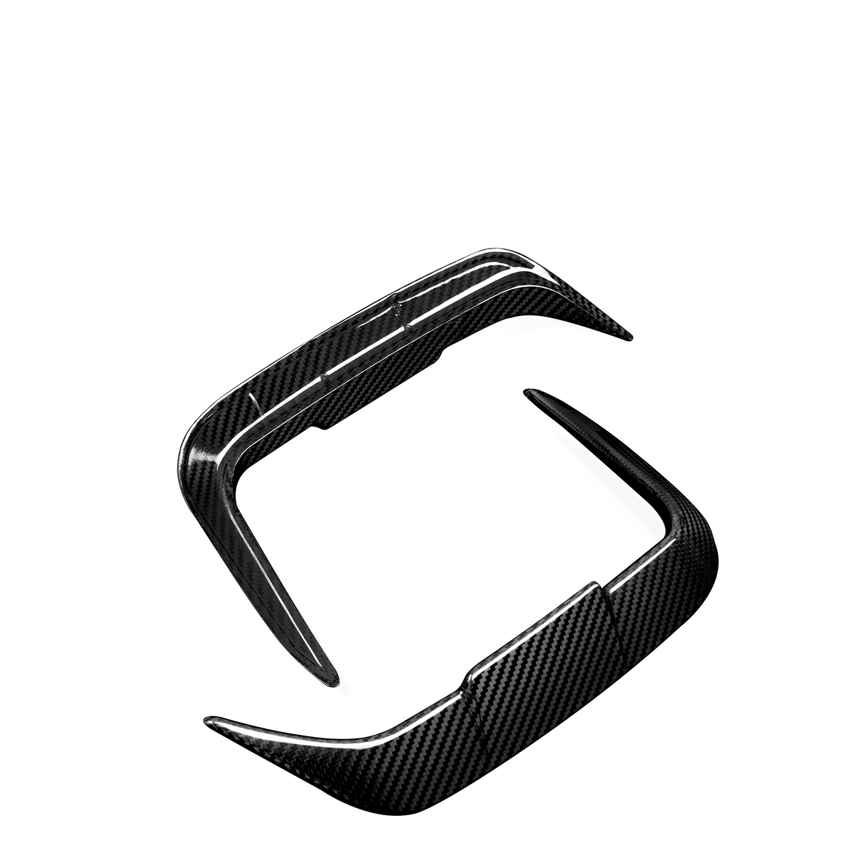 Carbon fiber car parts, specifically a spoiler enhancement kit, are positioned floating against a white background, showcasing their sleek, aerodynamic design and textured surface.