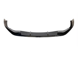 A black car front lip spoiler is shown with an aerodynamic design, featuring upward curves at the ends. It is on a plain white background.