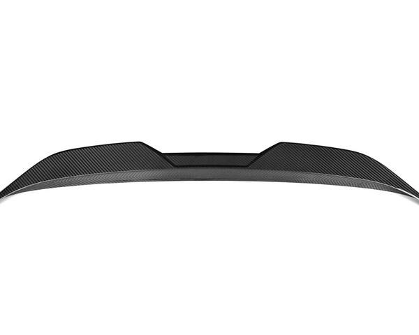 Carbon fiber car spoiler in a sleek, curved design; shown against a plain white background.