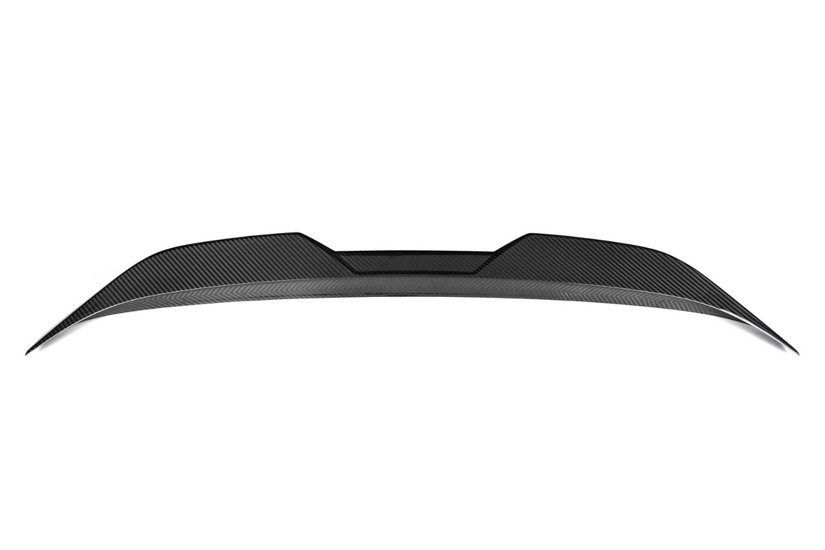 Carbon fiber car spoiler in a sleek, curved design; shown against a plain white background.