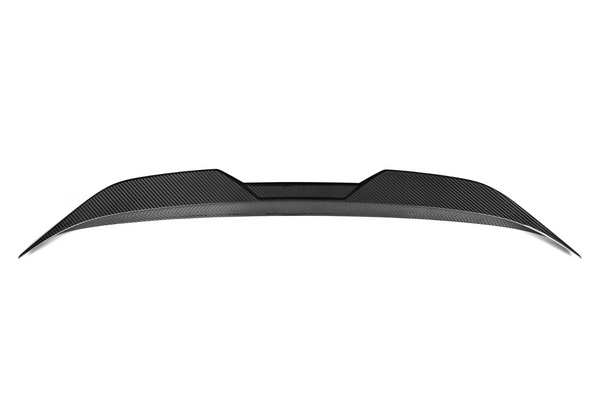 Carbon fiber car spoiler in a sleek, curved design; shown against a plain white background.