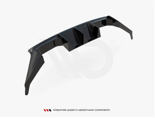A black aerodynamic car component, resembling a rear diffuser with fins, is displayed on a plain white background. Text reads: "WORLDWIDE LEADER IN AERODYNAMIC COMPONENTS" beneath the image.