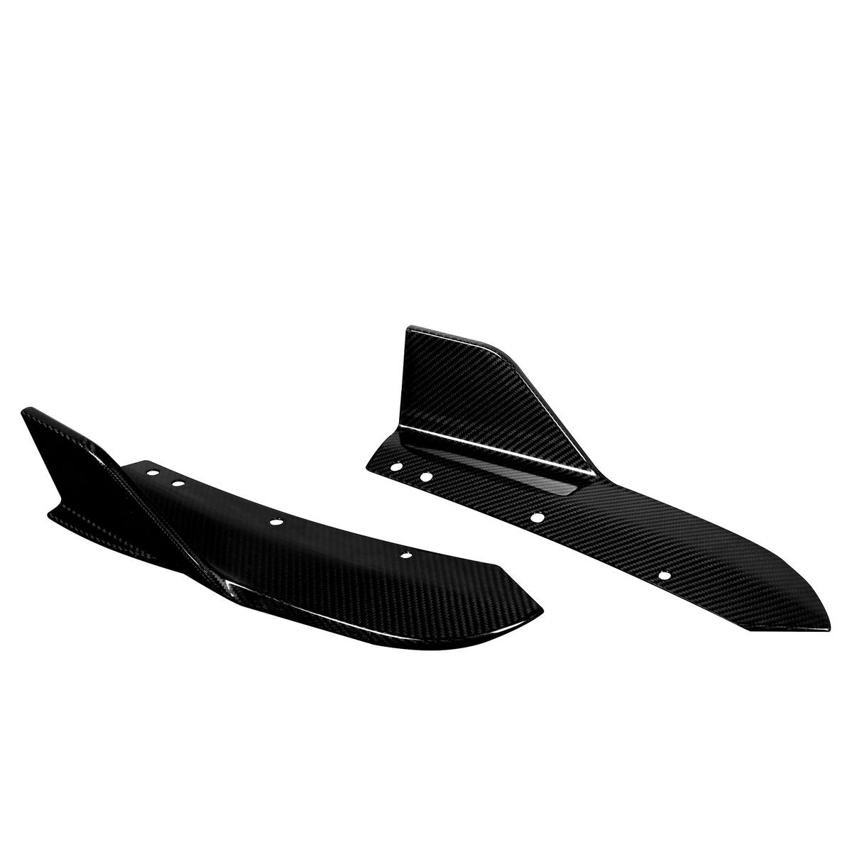 Two black carbon fiber car splitters with angular designs, featuring several circular holes, are placed against a plain white background, showcasing their sleek aerodynamic form.