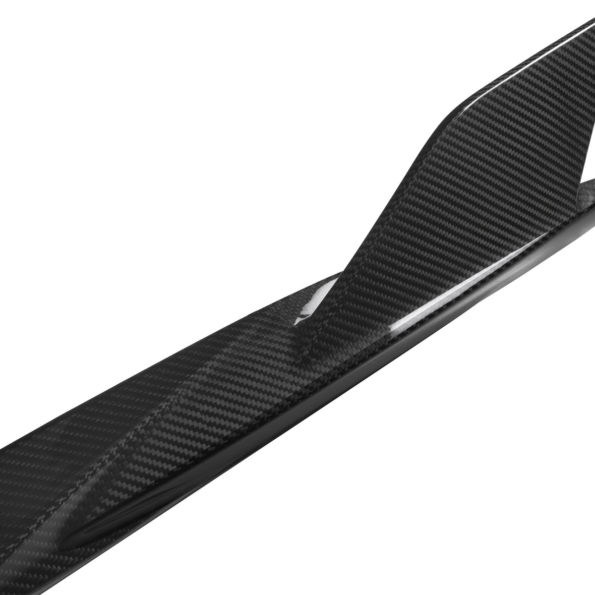 A carbon fiber surfboard featuring a sleek, curved fin is positioned against a plain white background, highlighting its modern and aerodynamic design.