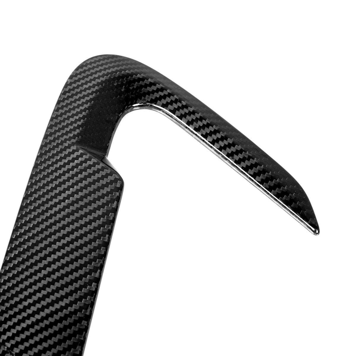 A glossy, black carbon fiber part with a sharp, angular design against a white background, showcasing its sleek texture and modern appearance.