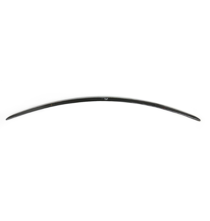 A curved black object with a sleek, glossy finish rests against a plain white background. It features the text "Yo" near its center.