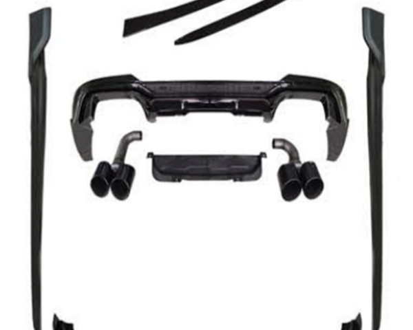 A set of black car body kit components, including bumpers, side skirts, and exhaust tips, are arranged on a white background, showcasing various parts for vehicle customization.