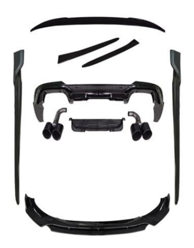 A set of black car body kit components, including bumpers, side skirts, and exhaust tips, are arranged on a white background, showcasing various parts for vehicle customization.