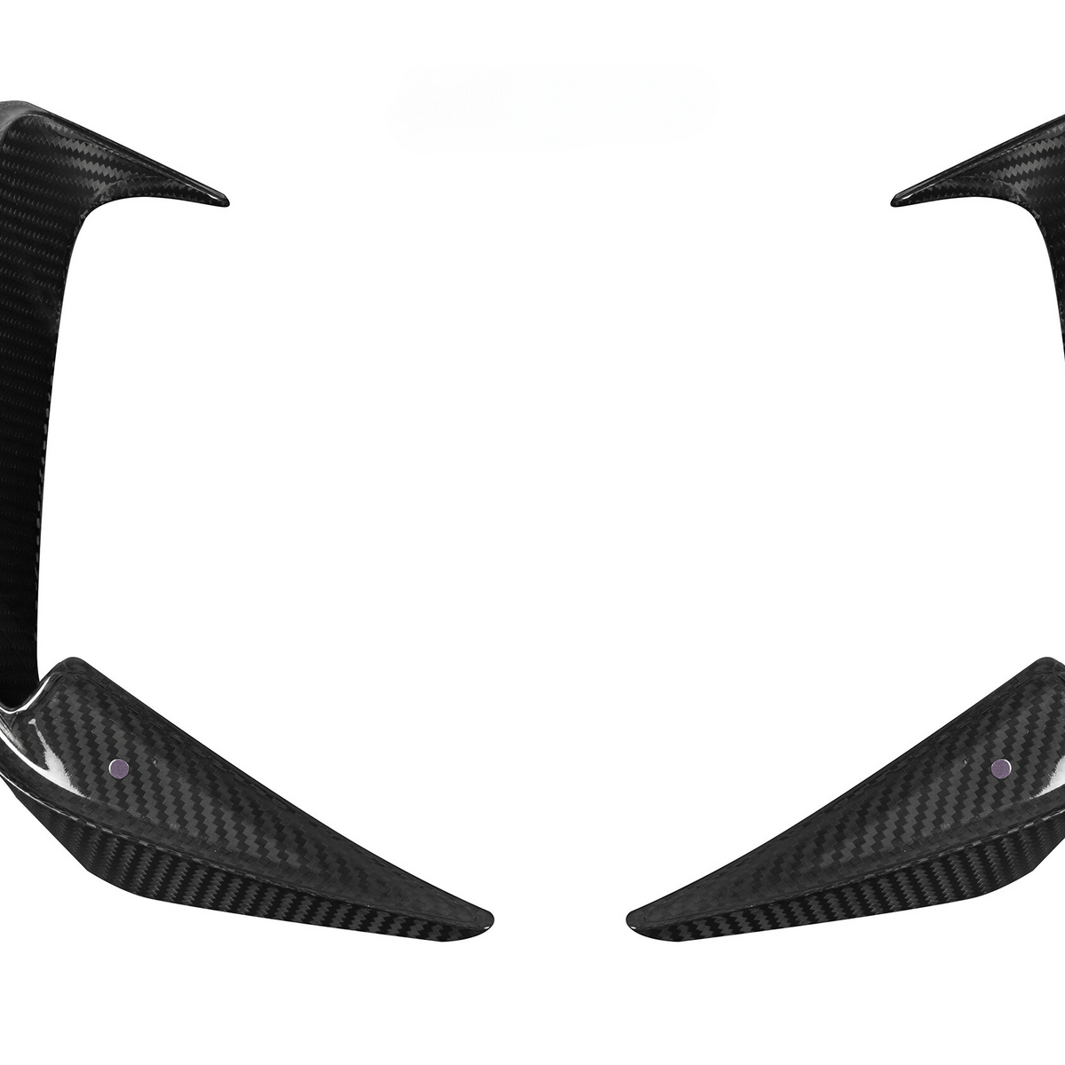 Two carbon fiber car aerodynamic fins pointing inward, set against a white background, with mounting holes visible along the edges.