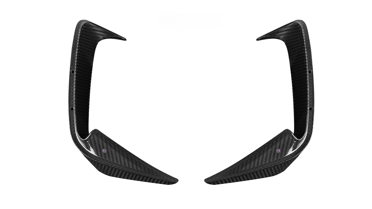 Two carbon fiber car aerodynamic fins pointing inward, set against a white background, with mounting holes visible along the edges.
