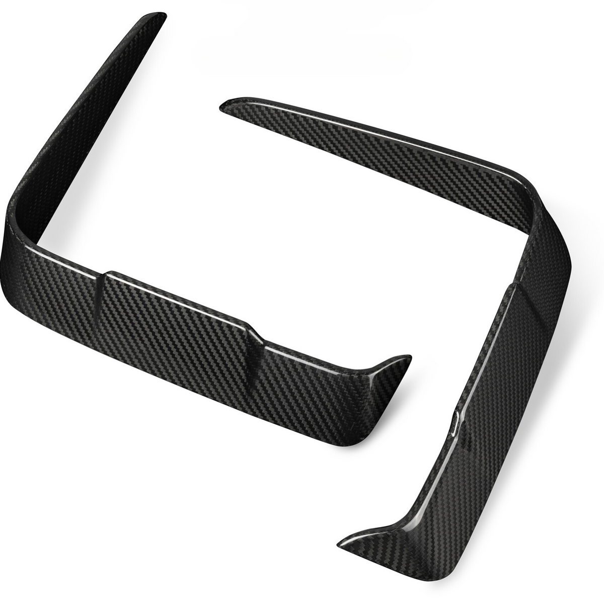 Two black carbon fiber car splitters are positioned on a plain white background, showcasing their glossy surface and aerodynamic design features.