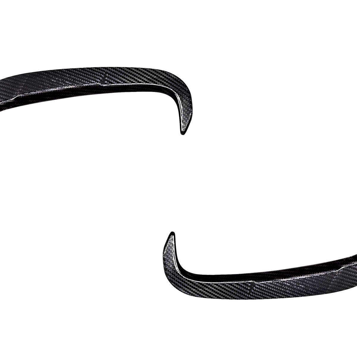 Two carbon fiber car accessories, shaped like elongated curved hooks, are set against a plain white background, highlighting their sleek, glossy texture and intricate pattern.