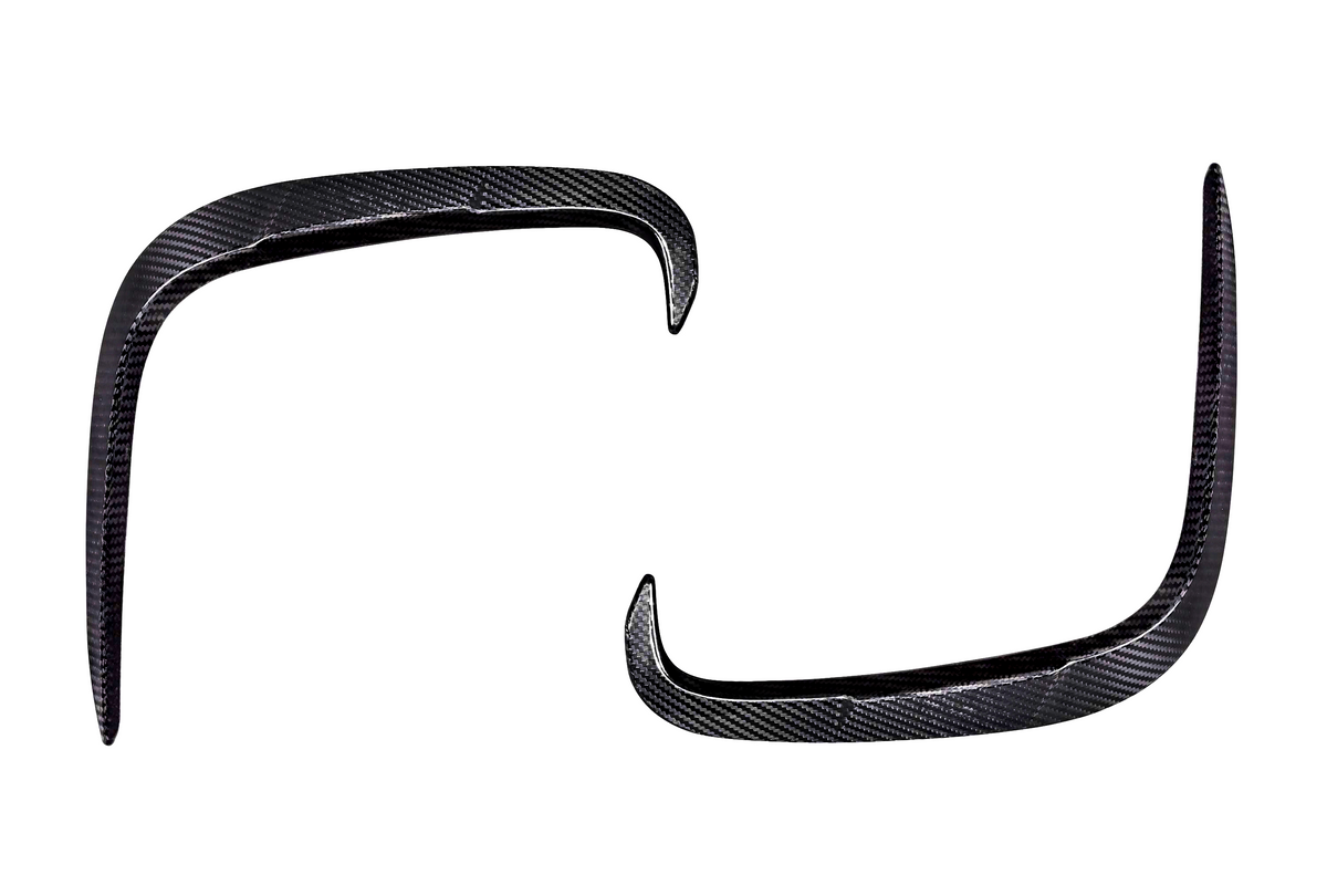 Two carbon fiber car accessories, shaped like elongated curved hooks, are set against a plain white background, highlighting their sleek, glossy texture and intricate pattern.