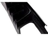 Glossy black car bumper with angular fin-like extensions and a textured mesh area, positioned against a plain white background.