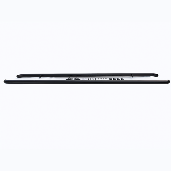 A black, elongated vehicle running board with step platforms and textured grips, placed on a plain white background. The board features mounting brackets for installation under vehicle doors.