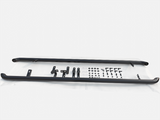 Black metal side steps with mounting brackets and bolts are arranged on a white surface, suggesting an installation kit for a vehicle.