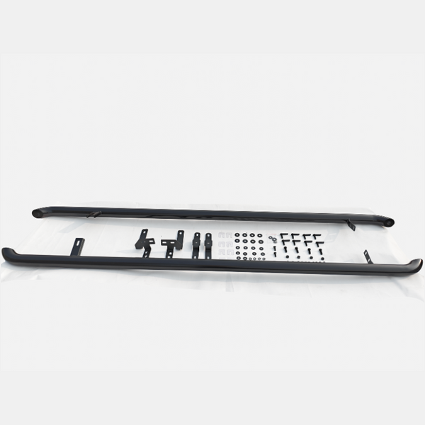 Black metal side steps with mounting brackets and bolts are arranged on a white surface, suggesting an installation kit for a vehicle.