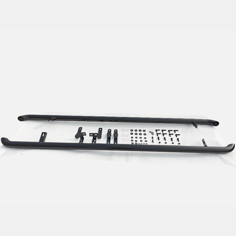 Black metal side steps with mounting brackets and bolts are arranged on a white surface, suggesting an installation kit for a vehicle.