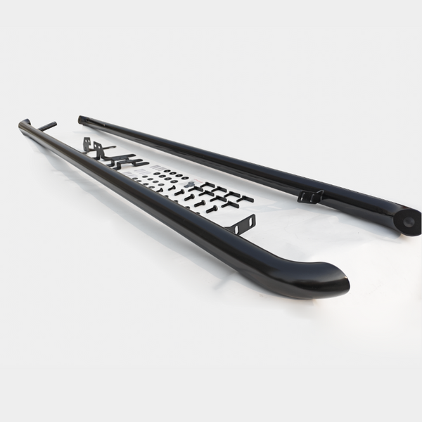 Two long, black metal bars are arranged alongside numerous small brackets and screws, laid out on a plain white surface, suggesting preparation for assembly or installation.