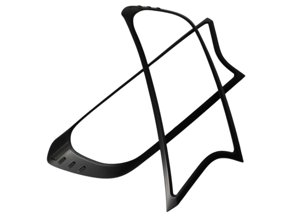 A pair of intersecting, black geometric frames overlap, forming a stylized, abstract shape. The frames are positioned against a plain white background, emphasizing their sleek design.