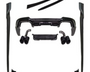 Various black car body kit components, such as spoilers and exhaust tips, are arranged neatly on a white background, showcasing automotive parts for potential assembly or installation.