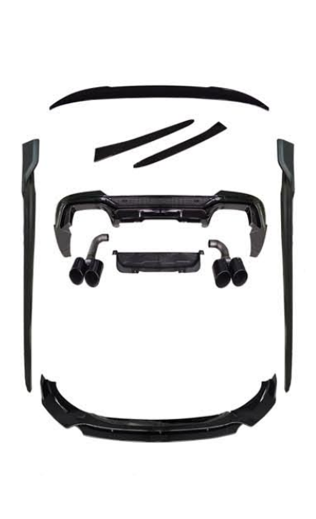 Various black car body kit components, such as spoilers and exhaust tips, are arranged neatly on a white background, showcasing automotive parts for potential assembly or installation.