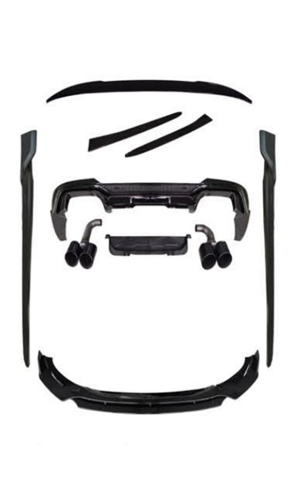 Various black car body kit components, such as spoilers and exhaust tips, are arranged neatly on a white background, showcasing automotive parts for potential assembly or installation.