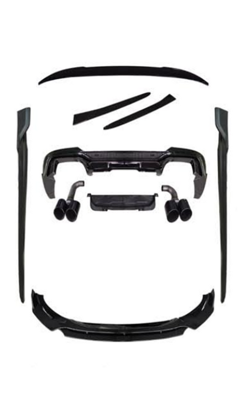 Various black car body kit components, such as spoilers and exhaust tips, are arranged neatly on a white background, showcasing automotive parts for potential assembly or installation.