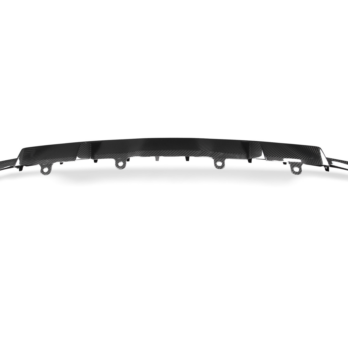 A black, curved carbon fiber car rear diffuser with multiple mounting points is displayed against a plain white background, highlighting its sleek and aerodynamic design.