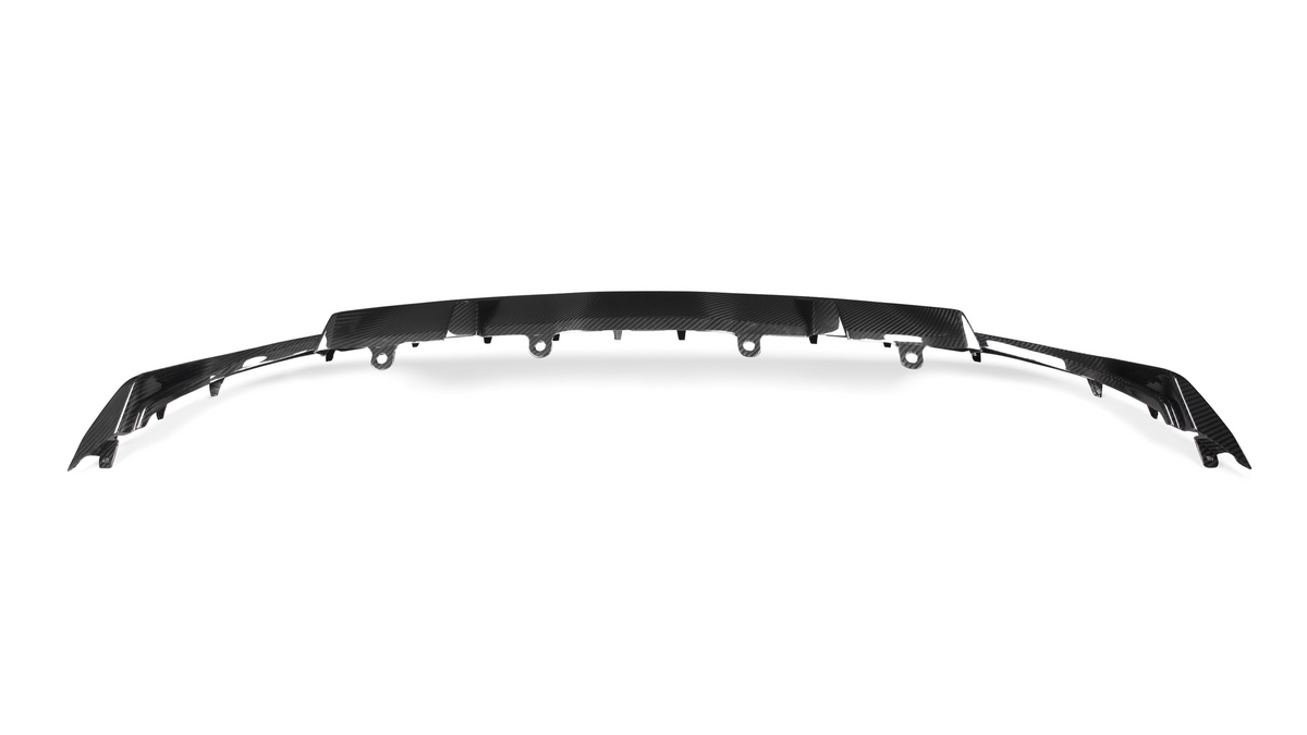 A black, curved carbon fiber car rear diffuser with multiple mounting points is displayed against a plain white background, highlighting its sleek and aerodynamic design.