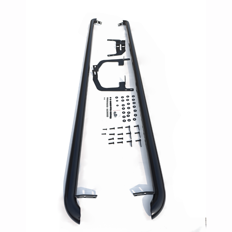 Two long, curved metal bars with mounting brackets and assorted hardware arranged on a white surface, appearing to be components of a vehicle accessory kit.