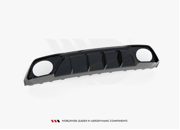 A sleek black car rear diffuser with aerodynamic fins, oval cutouts at each end, displayed on a white background. Text: "WORLDWIDE LEADER IN AERODYNAMIC COMPONENTS."