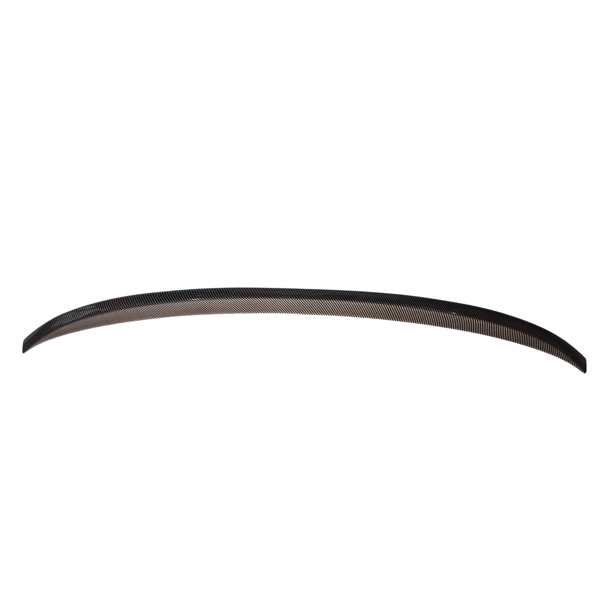 A long, slim carbon fiber strip curves gently, creating an aerodynamic shape against a plain white background.