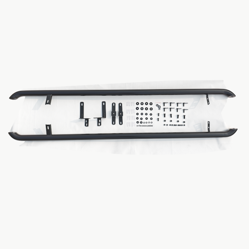 Black metal railings and various mounting components are organized on a white surface, designed as a kit for assembly in an automotive context, such as side steps for a vehicle.
