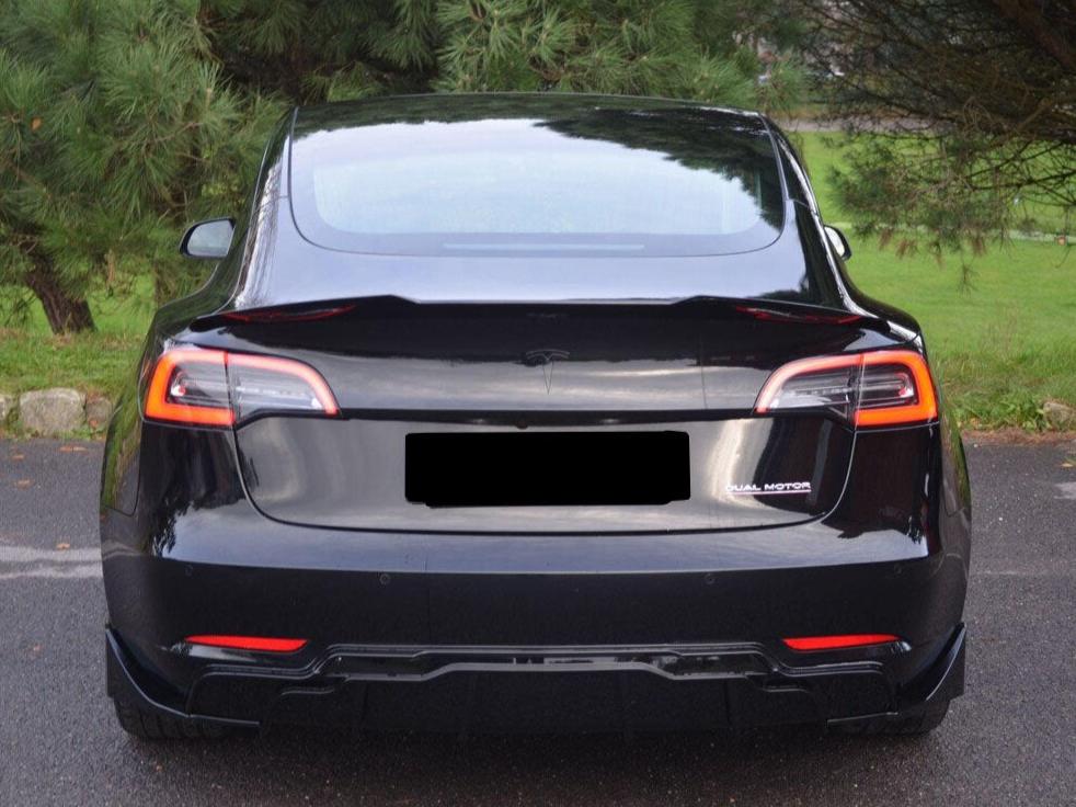 A black car with tinted windows is parked on a road. It has a "Dual Motor" badge on the back, surrounded by greenery and trees.