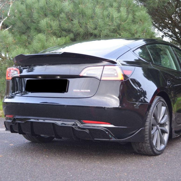 A black car is parked on a road, featuring visible "Dual Motor" text on the trunk, with lush green trees in the background.