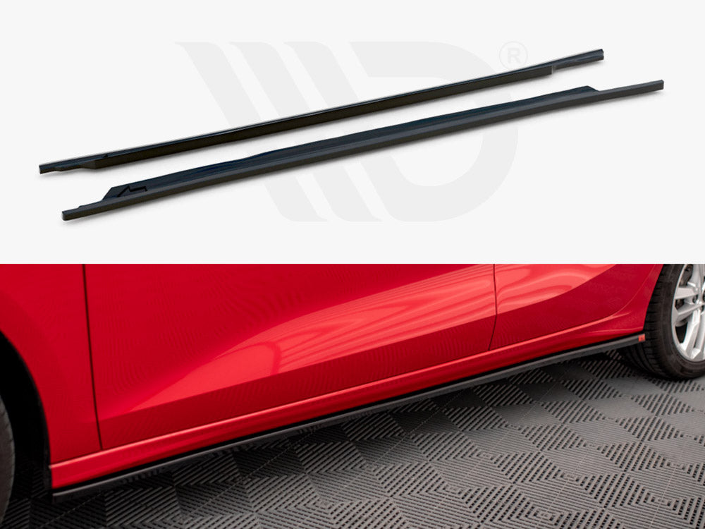 Two black side skirts are shown separately and then attached to a red car, positioned on a checkered garage floor, enhancing the vehicle's lower body appearance.